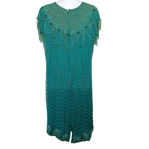 Nagpal vintage green beaded silk dress size medium 80s prom formal flapper gown - Picture 2 of 12